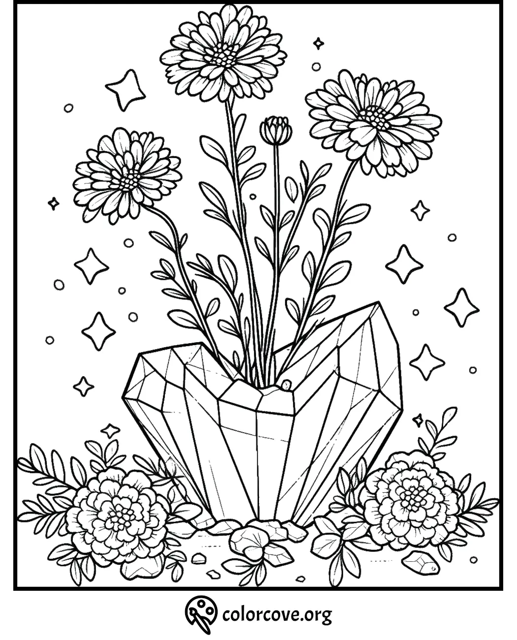 Coloring page of flowers in a heart-shaped crystal vase with sparkling stars and florals, ready to be filled with color.