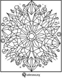 Intricate geometric mandala coloring page with detailed crystal patterns for stress relief and creativity.
