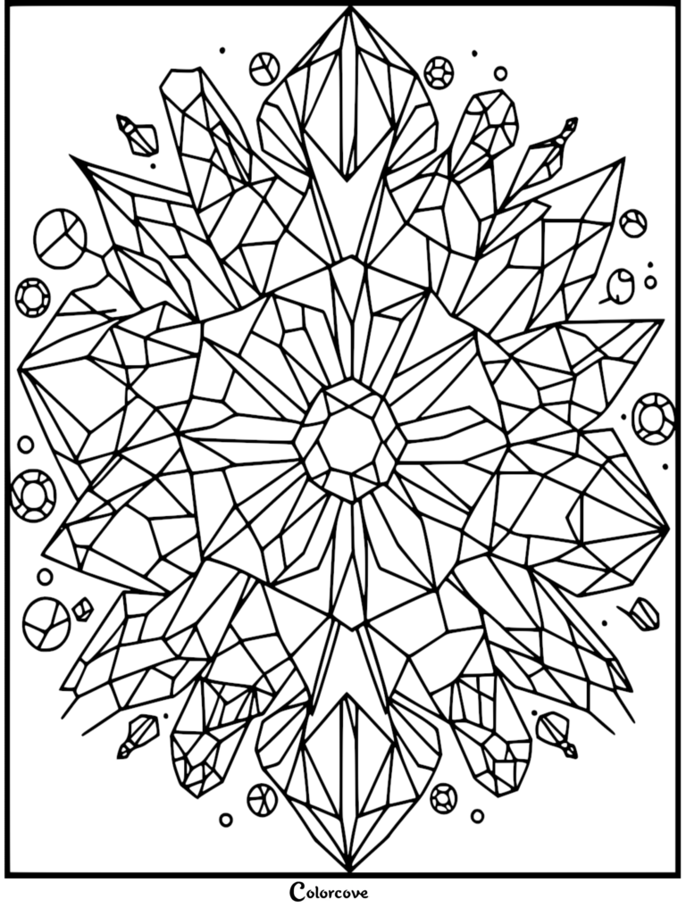 A geometric crystal mandala coloring page featuring a central faceted gemstone surrounded by radiating sharp crystal shards and small circular gems.