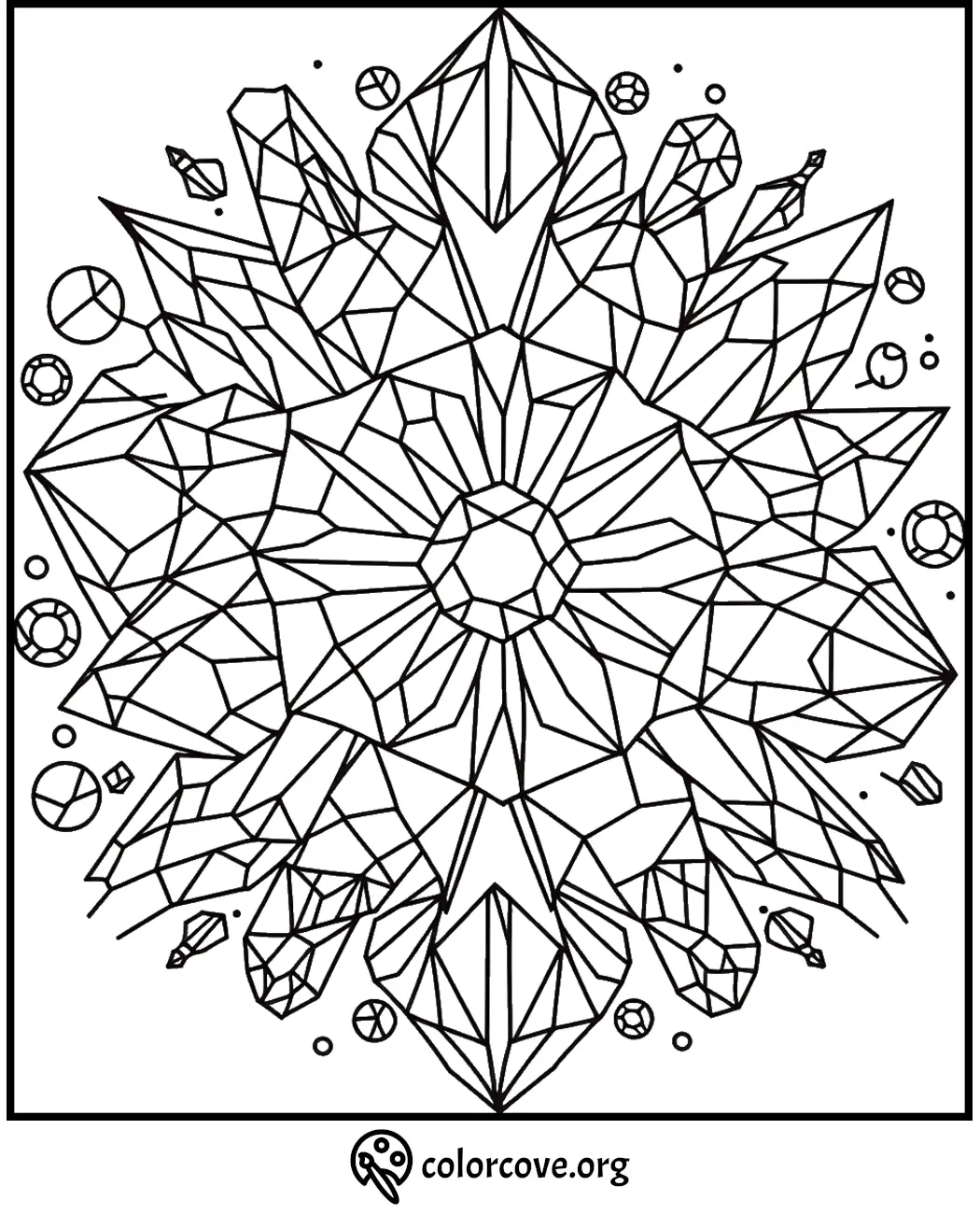 Intricate geometric mandala coloring page with detailed crystal patterns for stress relief and creativity.