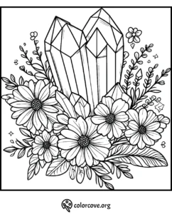 Coloring page featuring crystals and flowers with intricate patterns for relaxation and creativity.