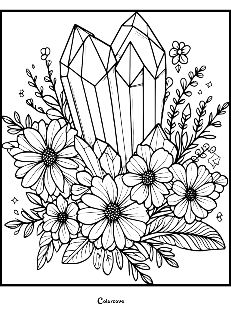 A detailed coloring page featuring a cluster of sharp, geometric crystals surrounded by a lush arrangement of daisies, leaves, and small sparkling accents.