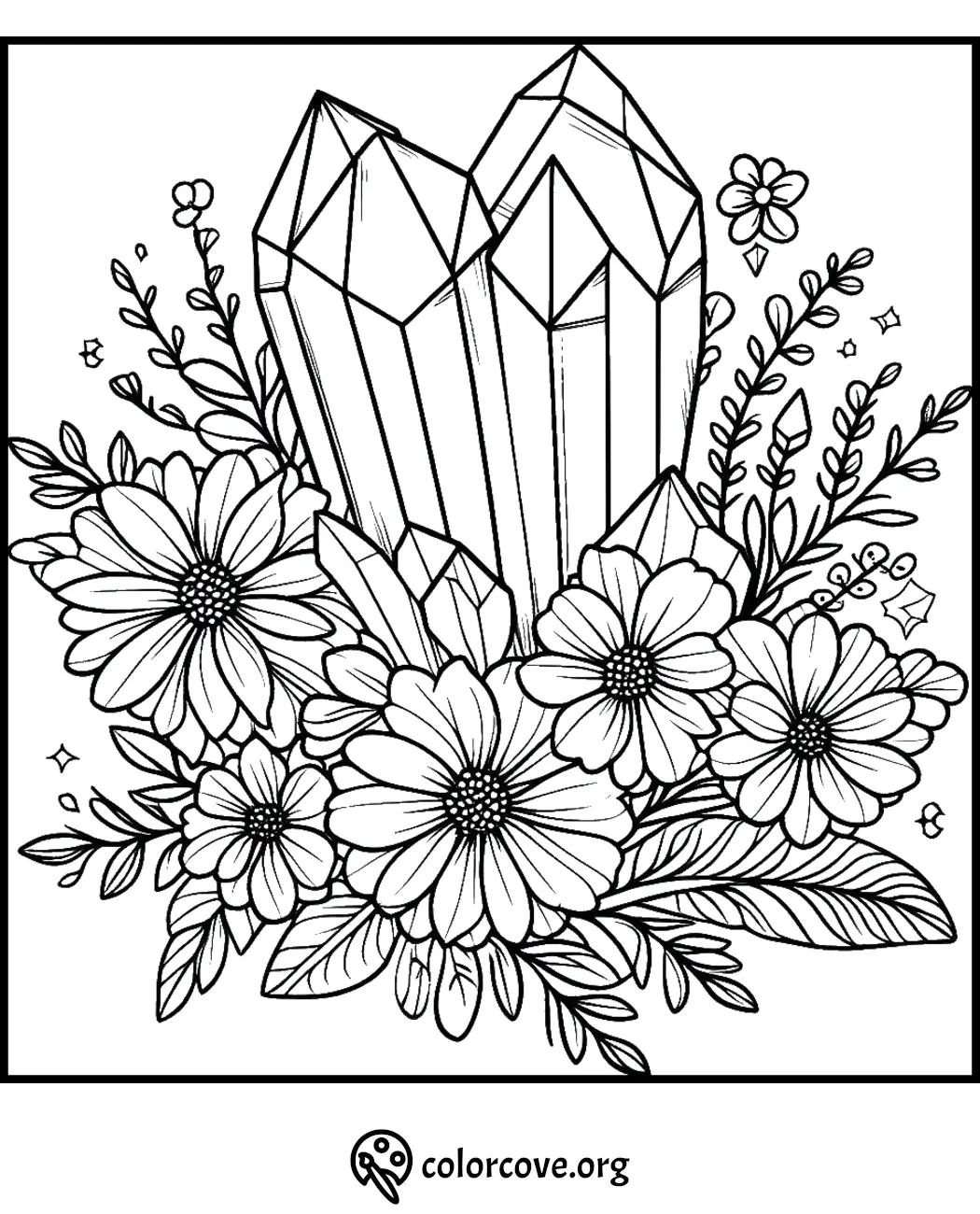 Coloring page featuring crystals and flowers with intricate patterns for relaxation and creativity.