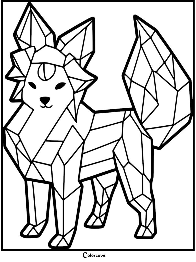 Geometric crystal Eevee coloring page featuring a stylized fox-like creature composed of sharp, angular crystal facets.