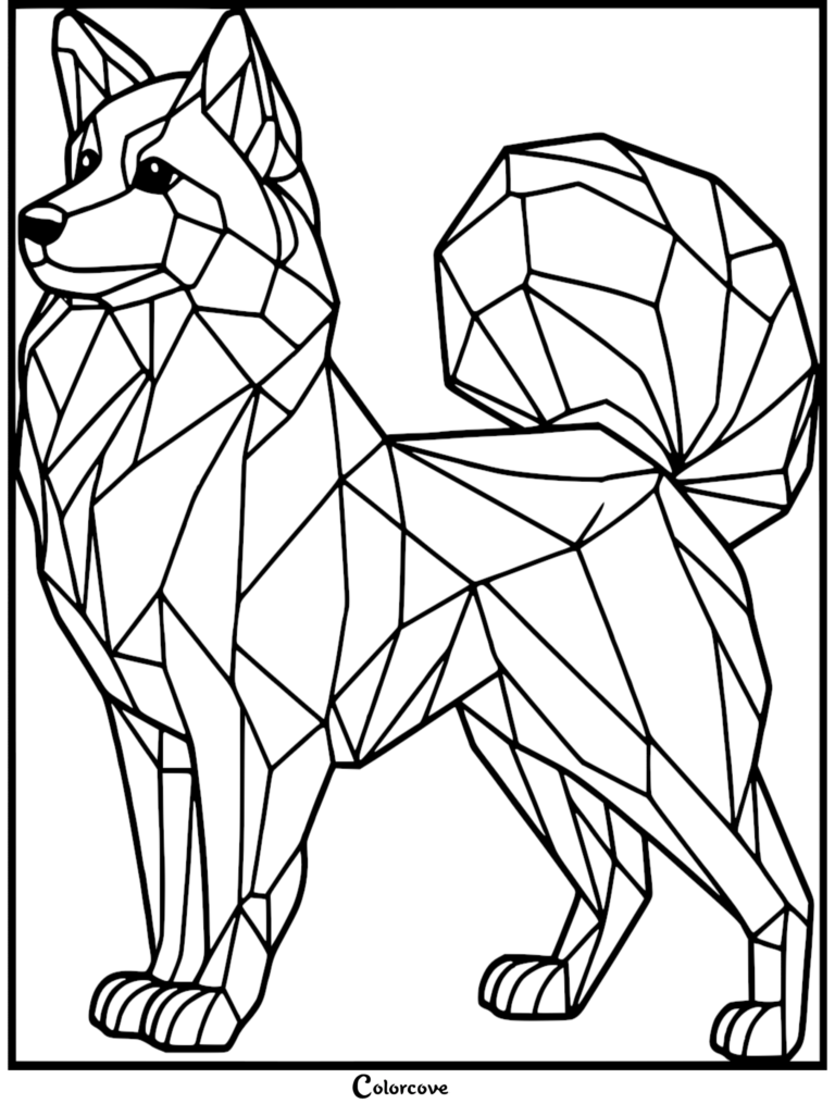 A geometric line art coloring page featuring a stylized Pomeranian dog with sharp triangular facets and a fluffy curled tail.