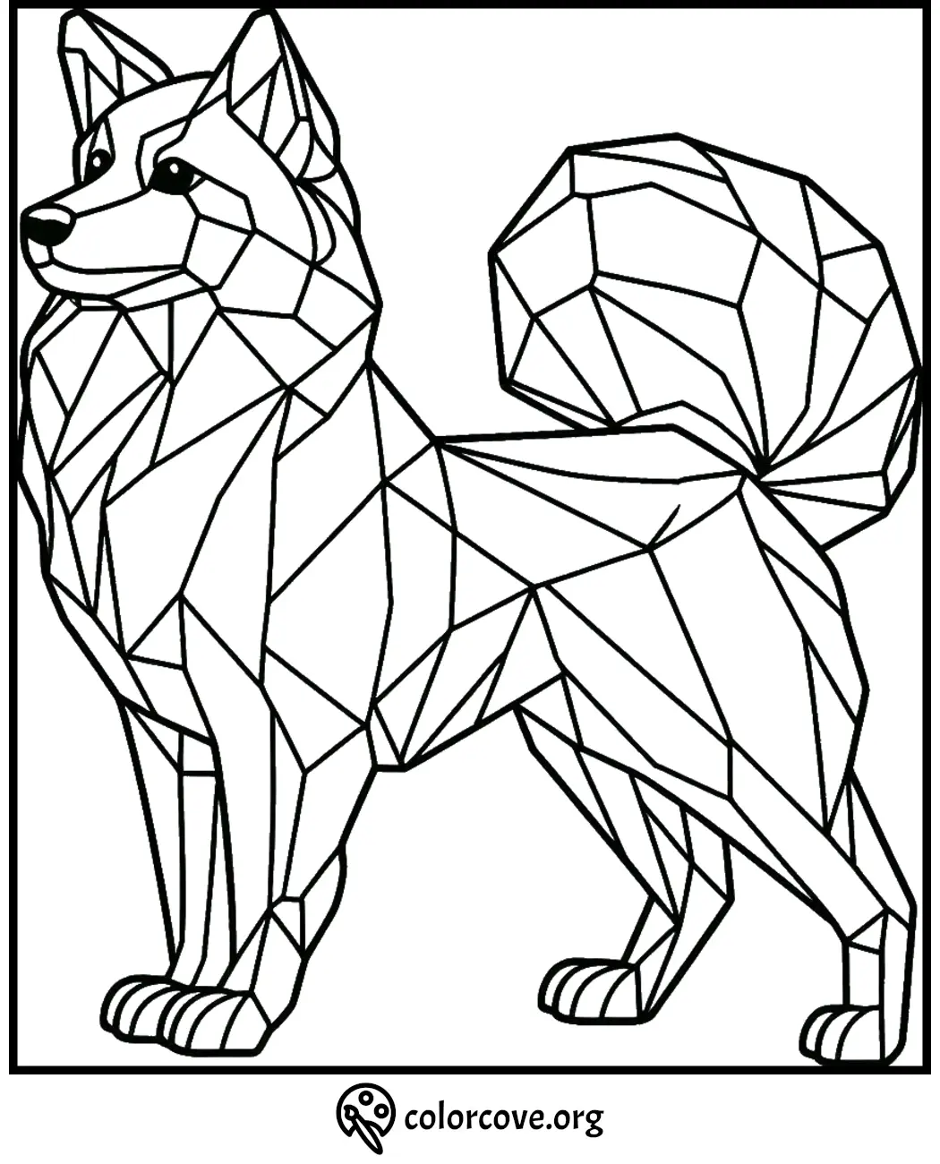 Geometric fox coloring page with intricate polygonal design for printable art and relaxation.