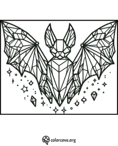 Geometric bat coloring page with crystal and star patterns for creative fun.