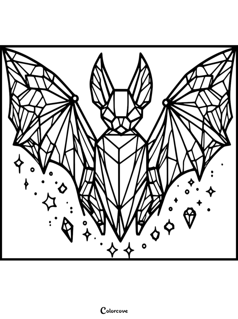 A geometric crystal bat coloring page featuring sharp angular lines and floating diamond-shaped crystals.