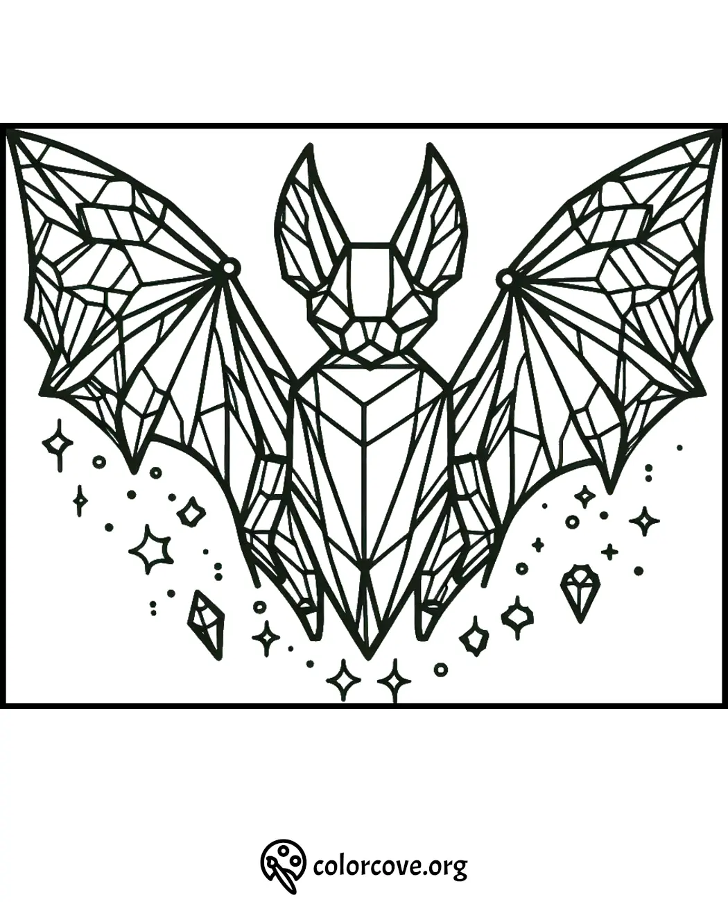 Geometric bat coloring page with crystal and star patterns for creative fun.