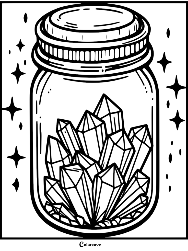 A printable coloring page featuring a cluster of sharp, geometric crystals inside a glass mason jar surrounded by twinkling stars.