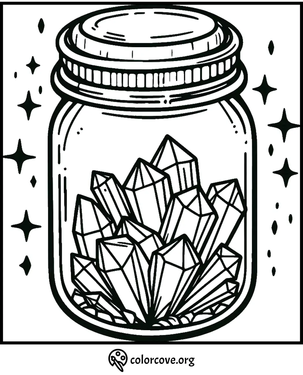 Coloring page of crystals in a jar with stars; perfect for creative relaxation and mindfulness.