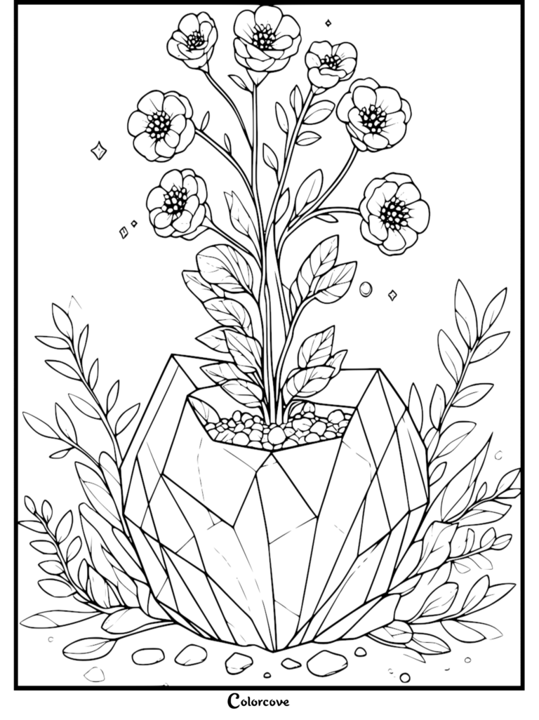 A line art coloring page featuring a bouquet of flowers growing out of a geometric crystal planter surrounded by leafy branches and small pebbles.