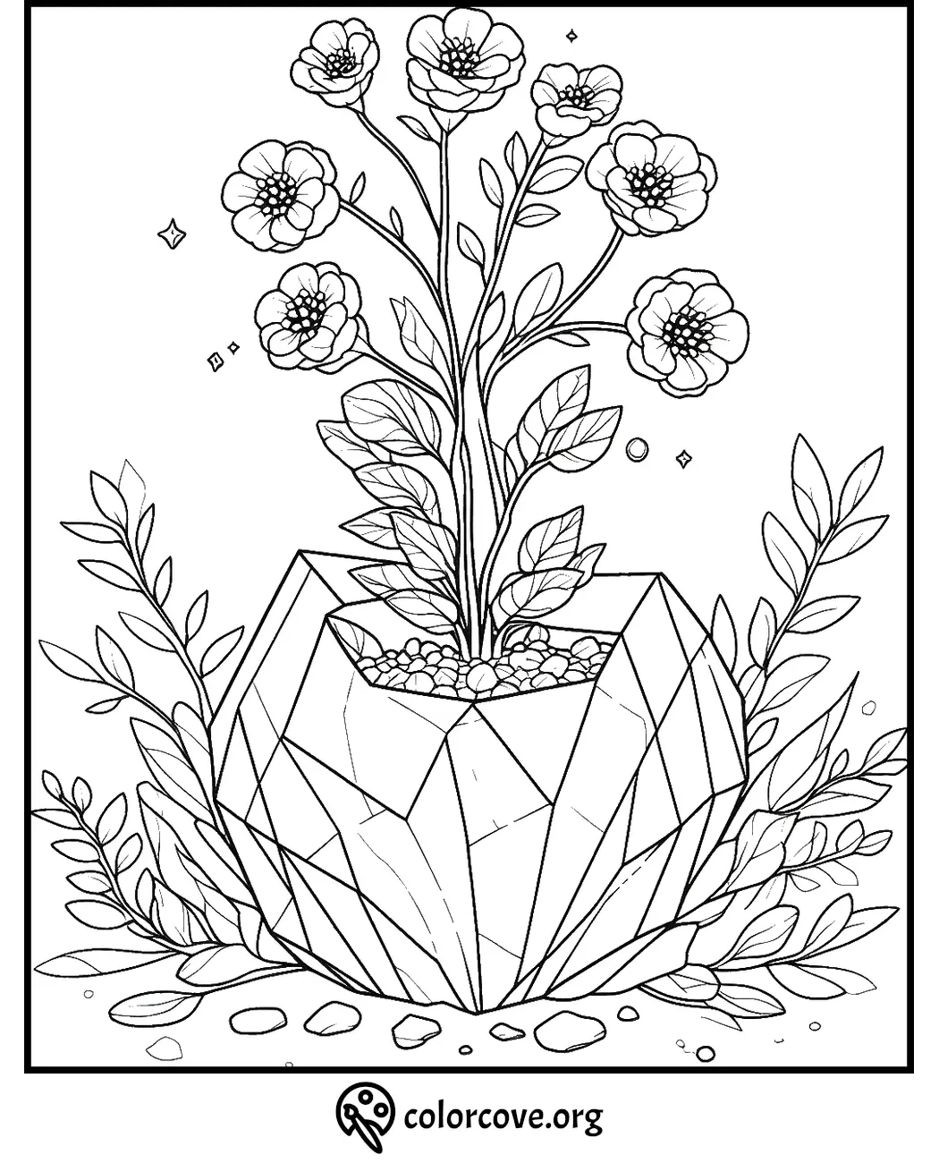 Geometric planter with flowers coloring page, intricate line art design for stress relief and creativity.