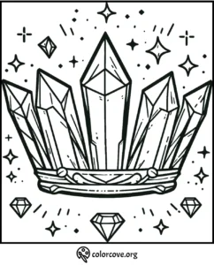 Coloring page featuring a gemstone crown surrounded by stars and diamonds, inviting creativity and imagination.