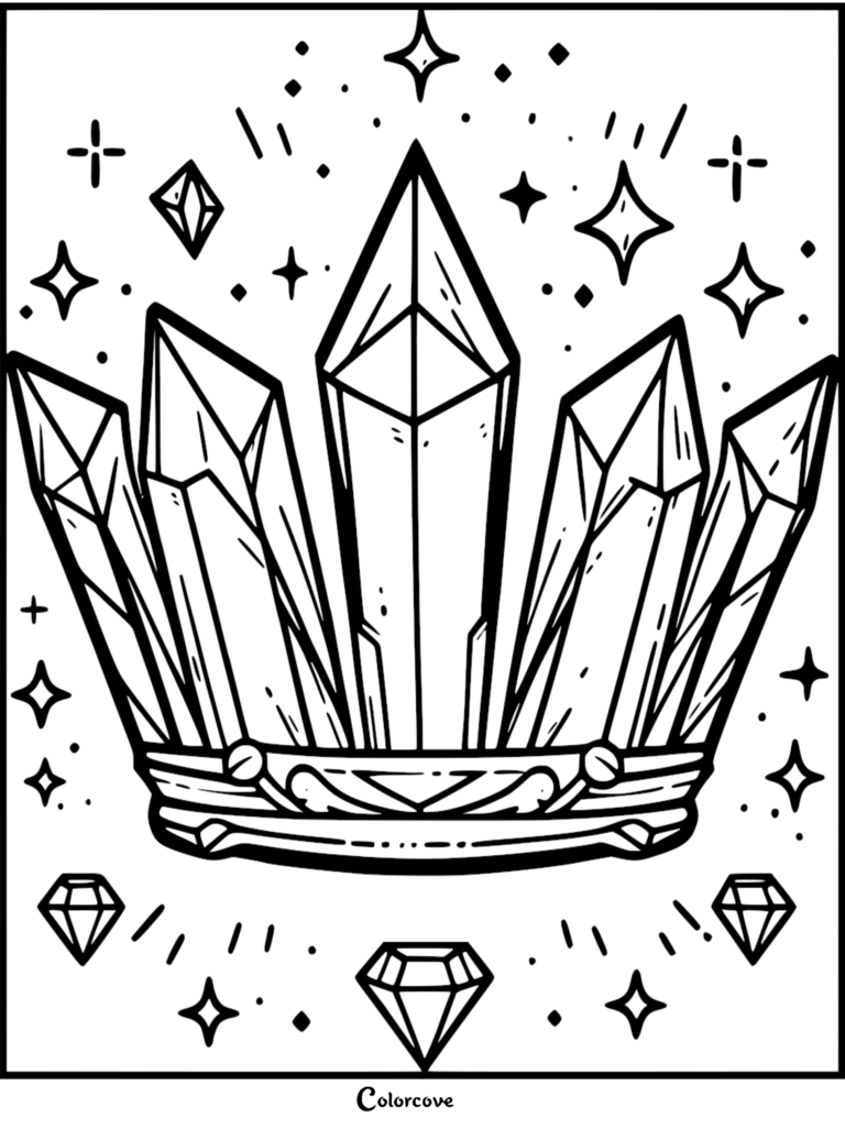 A detailed crystal crown coloring page featuring five sharp quartz points set on a decorative band surrounded by floating diamonds and sparkling stars.