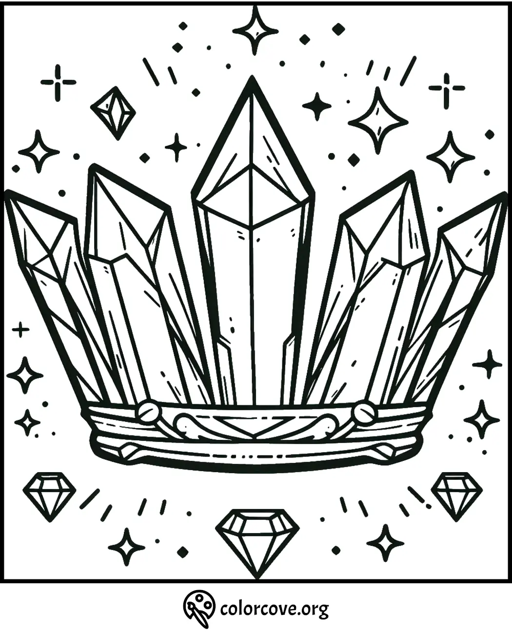 Coloring page featuring a gemstone crown surrounded by stars and diamonds, inviting creativity and imagination.