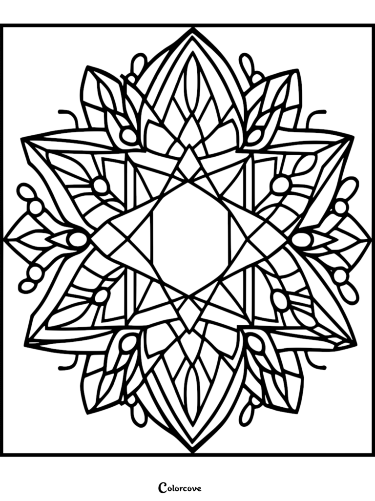 A symmetrical geometric crystal mandala coloring page featuring sharp star-shaped points and intricate layered diamond patterns.