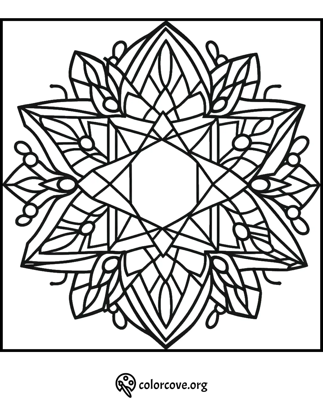 Intricate geometric mandala coloring page with leaf and star patterns, perfect for stress relief and mindfulness activities.