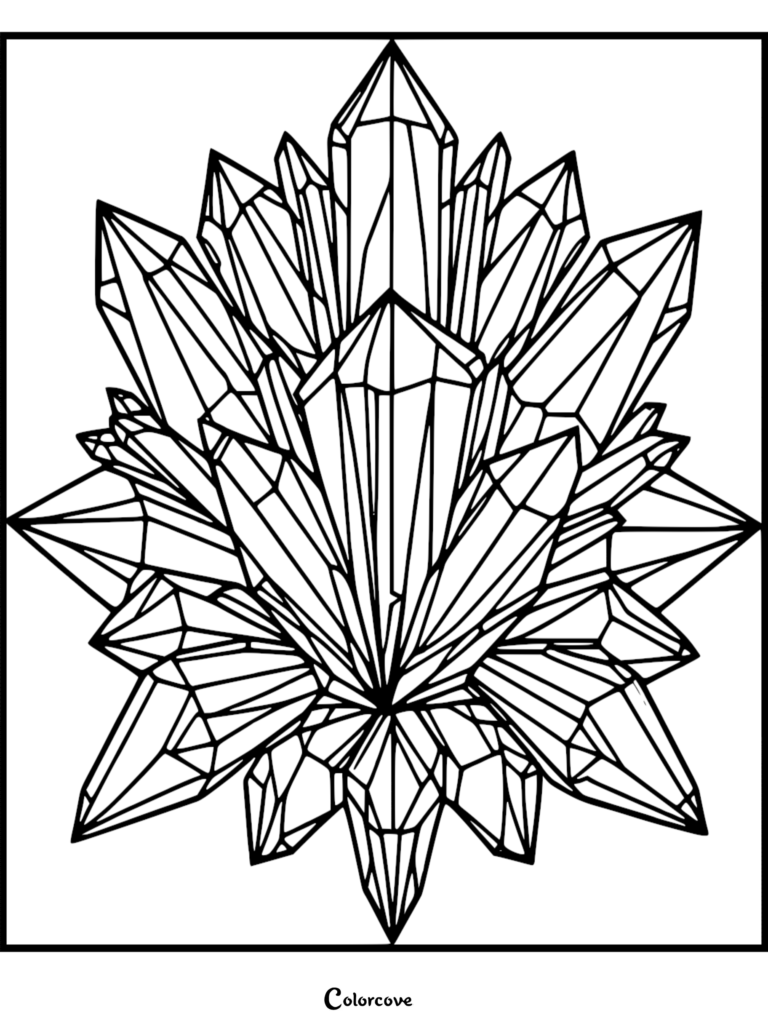 A detailed black and white coloring page featuring a large, symmetrical cluster of sharp, geometric crystal points radiating outward.