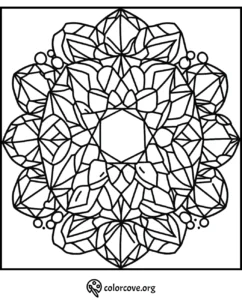 Intricate mandala coloring page with geometric and floral patterns for stress relief and creativity.