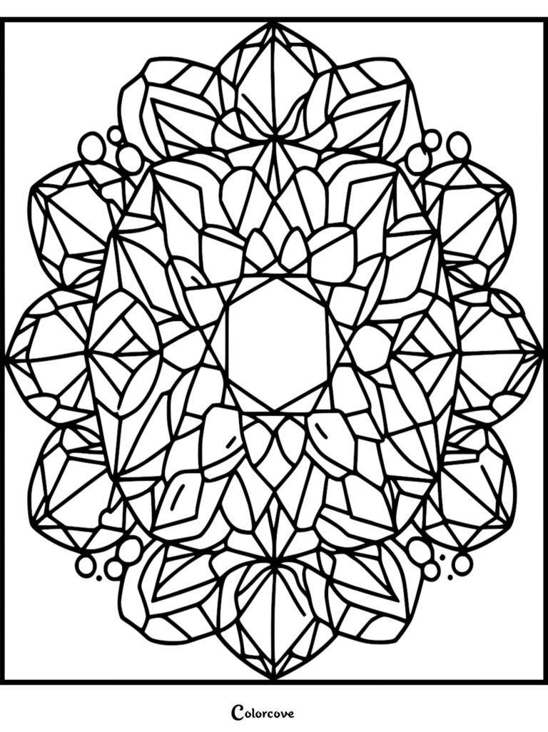 A symmetrical crystal mandala coloring page featuring geometric facets and sharp angular shapes arranged in a circular pattern.