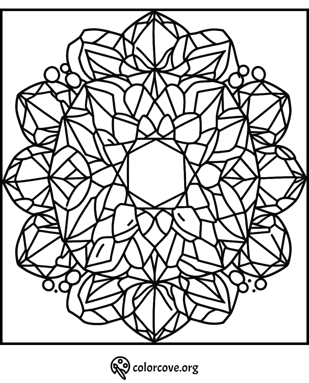 Intricate mandala coloring page with geometric and floral patterns for stress relief and creativity.