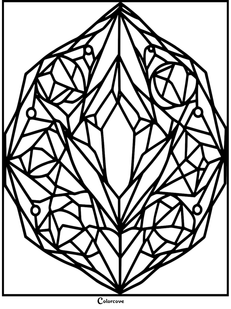 A geometric crystal coloring page featuring a symmetrical, multifaceted gemstone design with sharp angular lines and circular accents.