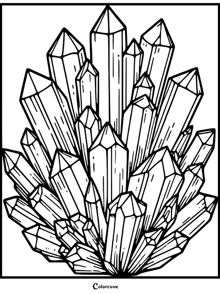 A detailed coloring page featuring a large cluster of sharp, geometric quartz crystals pointing in various directions.