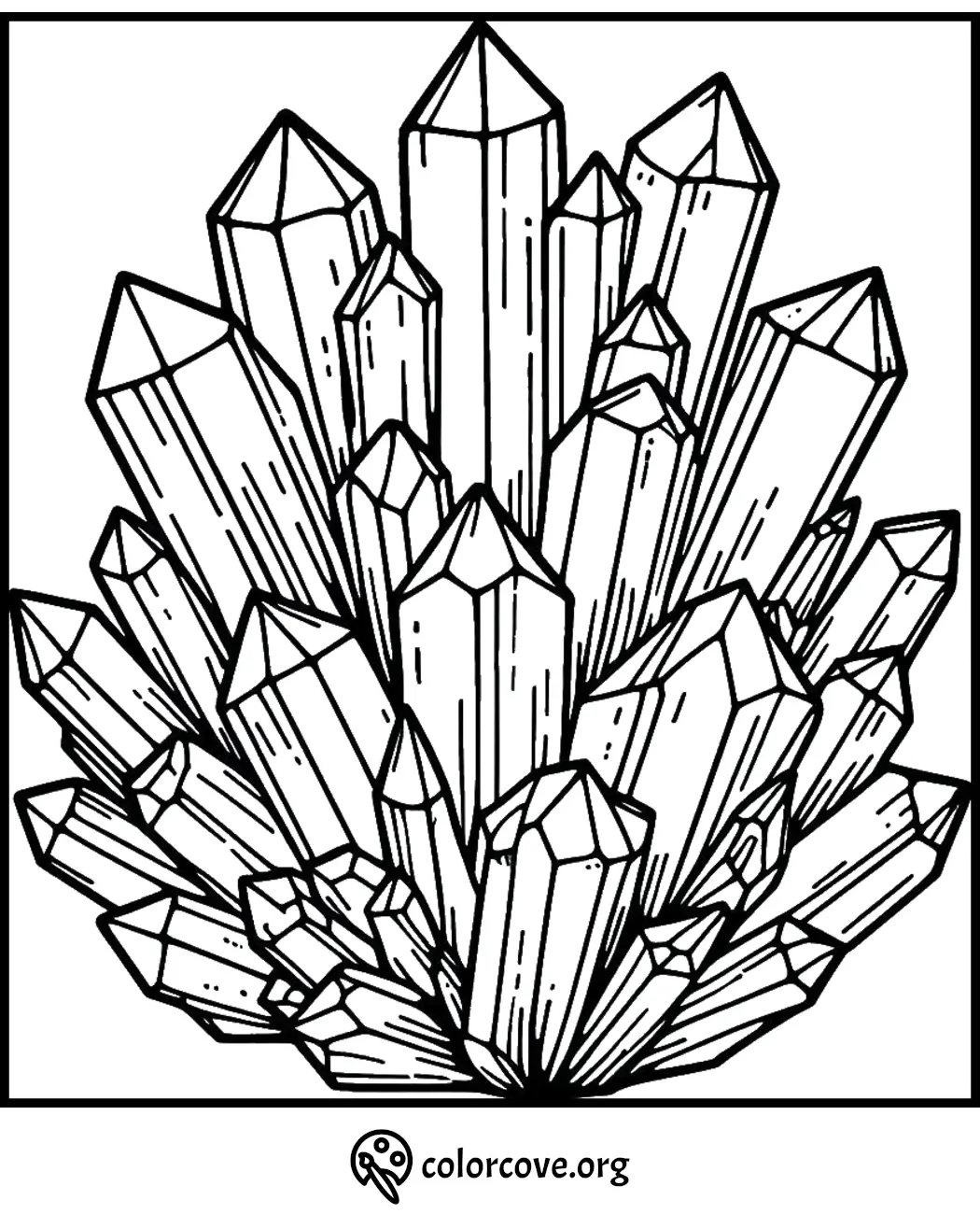 Crystal cluster coloring page: intricate mineral design for stress relief and creativity. Perfect for adults and kids.