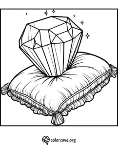 Coloring page featuring a large, faceted diamond resting on a cushion with tassels and sparkling details.