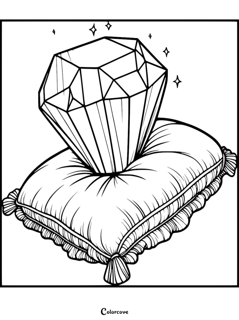 A large, faceted diamond crystal resting on a decorative tasseled pillow in this printable coloring page.