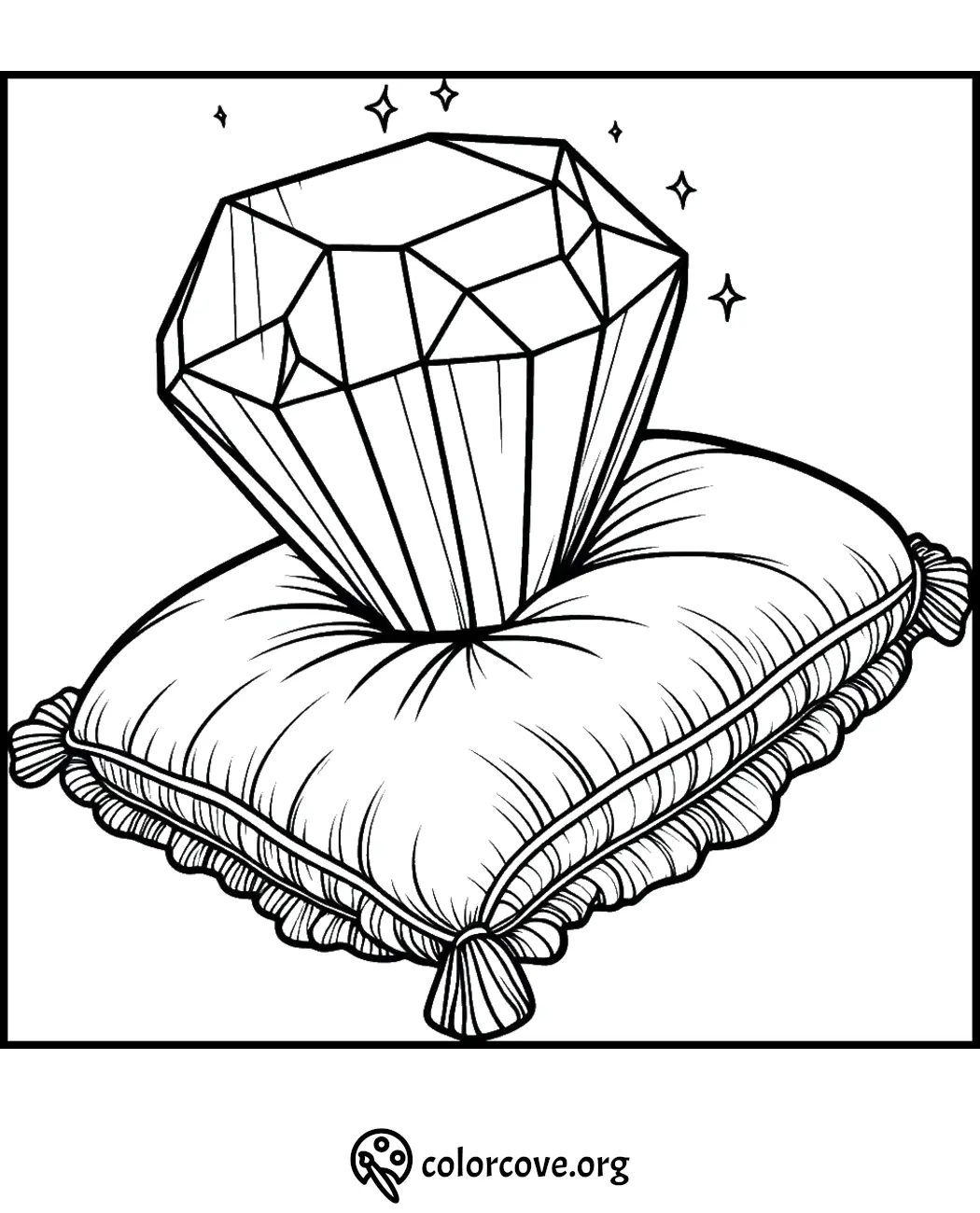 Coloring page featuring a large, faceted diamond resting on a cushion with tassels and sparkling details.