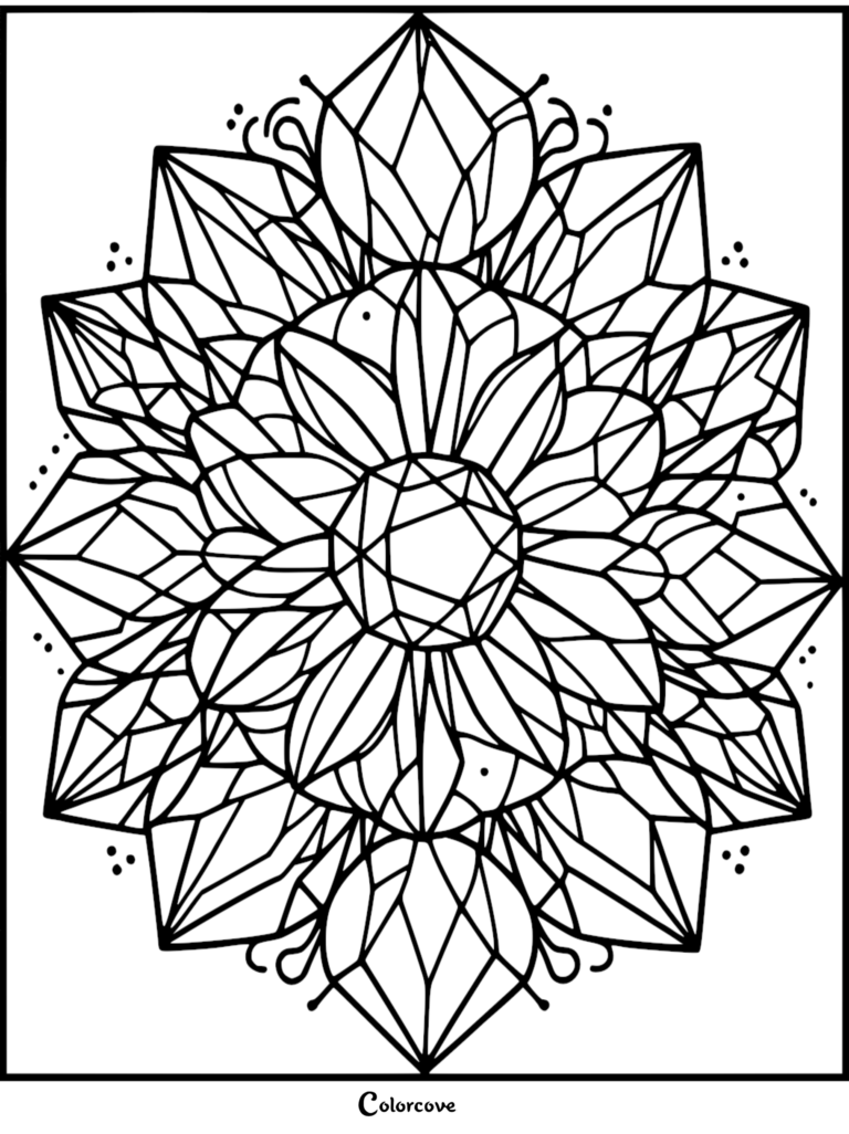 A symmetrical crystal mandala coloring page featuring a central faceted gem surrounded by layered geometric diamond-shaped petals and small dot accents.