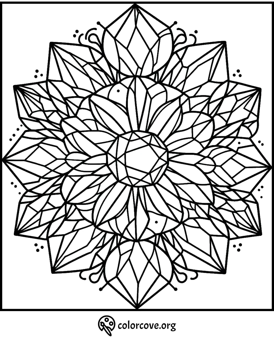 Intricate mandala coloring page with geometric patterns for relaxation and mindfulness activities.