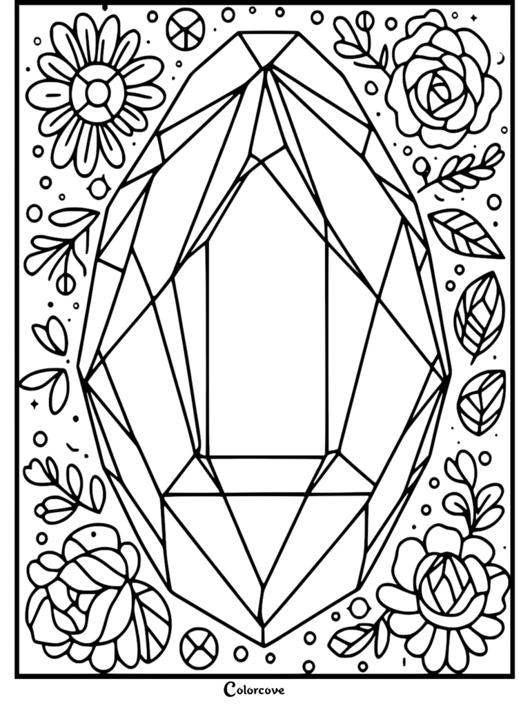 A printable coloring page featuring a large, multifaceted crystal gemstone surrounded by decorative flowers, leaves, and small circles.