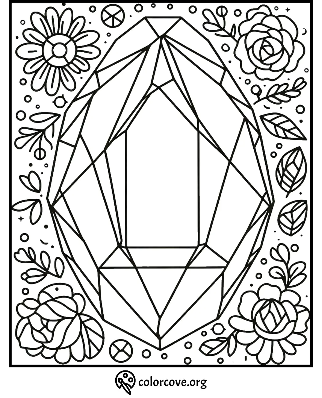 Geometric crystal coloring page with floral designs for creativity and relaxation.