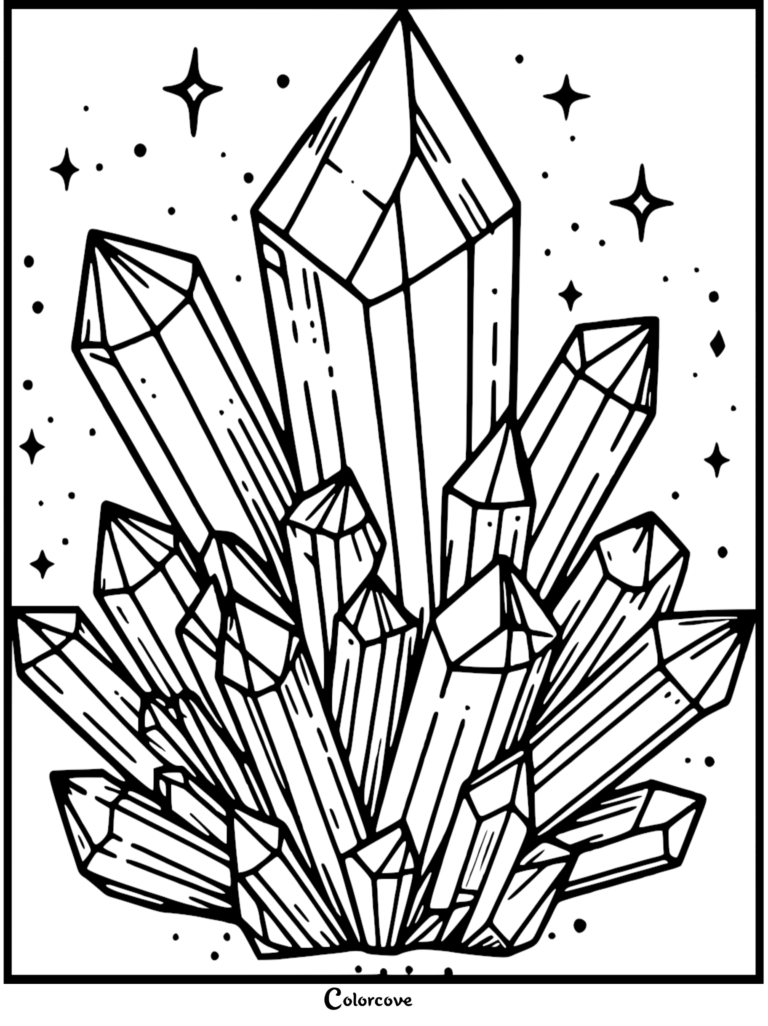 A detailed coloring page featuring a large, jagged cluster of pointed quartz crystals surrounded by small stars and dots.