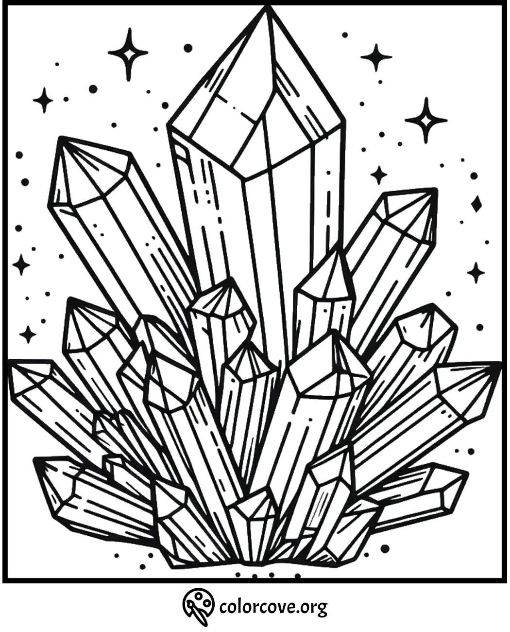 Coloring page with intricate crystal designs and stars for creative relaxation and stress relief.