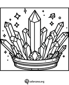 Coloring page with detailed crystal cluster design and stars. Ideal for printable relaxation and creativity.