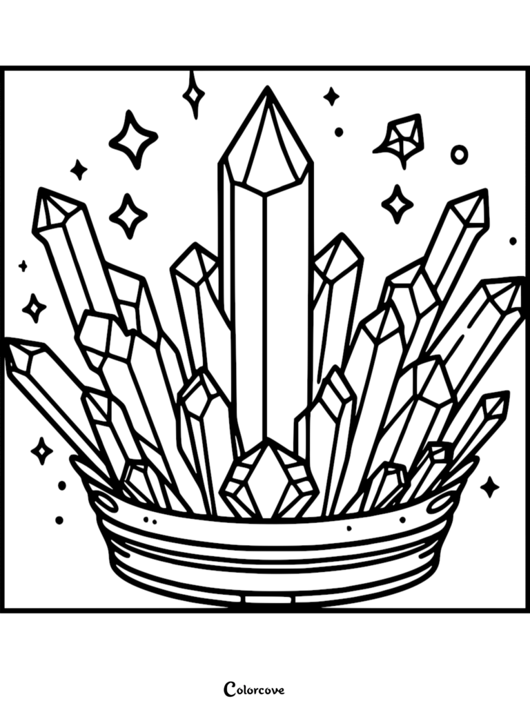 A detailed coloring page featuring a large cluster of pointed crystals growing out of a shallow bowl, surrounded by sparkling stars.