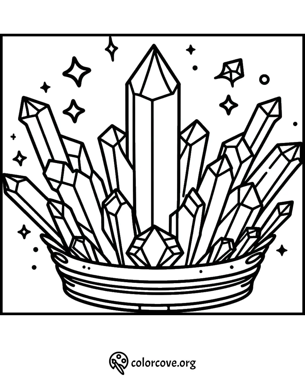 Coloring page with detailed crystal cluster design and stars. Ideal for printable relaxation and creativity.