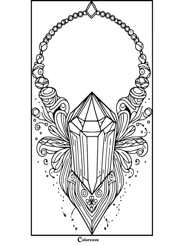 A detailed coloring page featuring a large faceted crystal pendant hanging from a beaded necklace with intricate swirling filigree patterns.