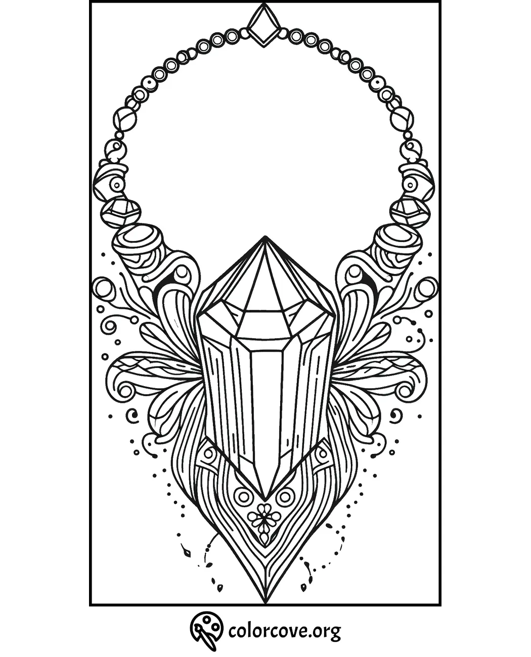 Crystal heart coloring page with intricate patterns and floral design, perfect for relaxation and creativity.