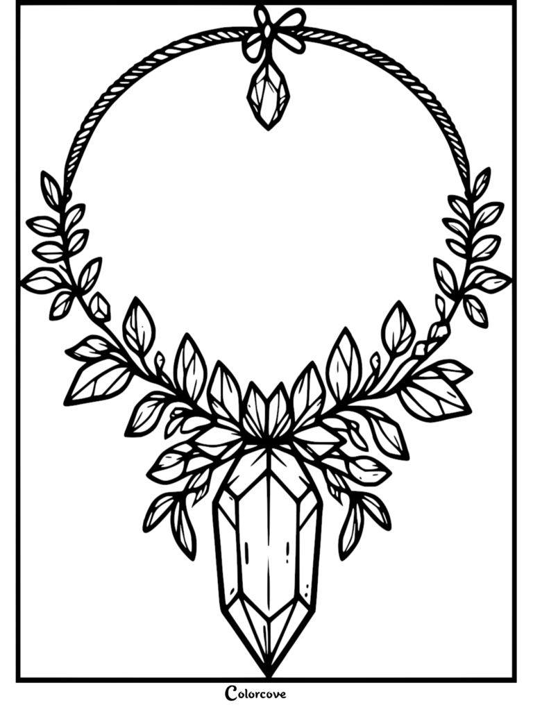 A printable coloring page featuring a circular wreath of leaves adorned with a large central crystal pendant and a small crystal at the top.