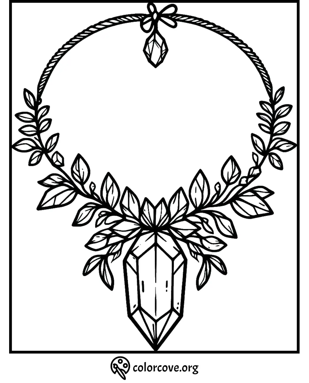 Crystal necklace coloring page with leaves and gemstones. Perfect for relaxation and detailed coloring.