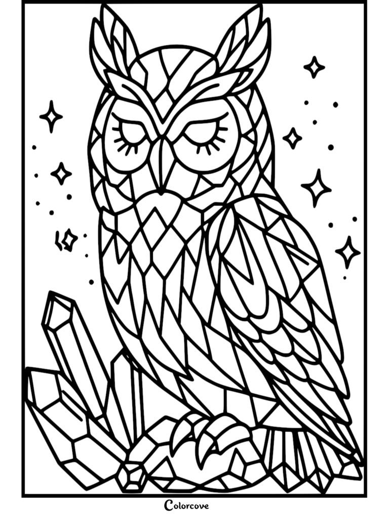 A geometric stained glass style owl perched on jagged crystals, featured in a printable coloring page with sparkling stars.