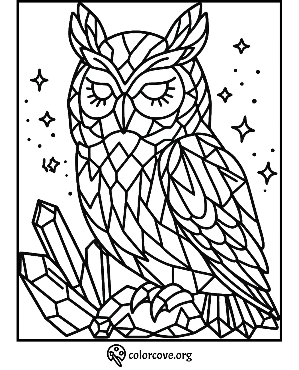 Coloring page of an owl with a geometric pattern, surrounded by stars and crystals. Perfect for a creative coloring session.