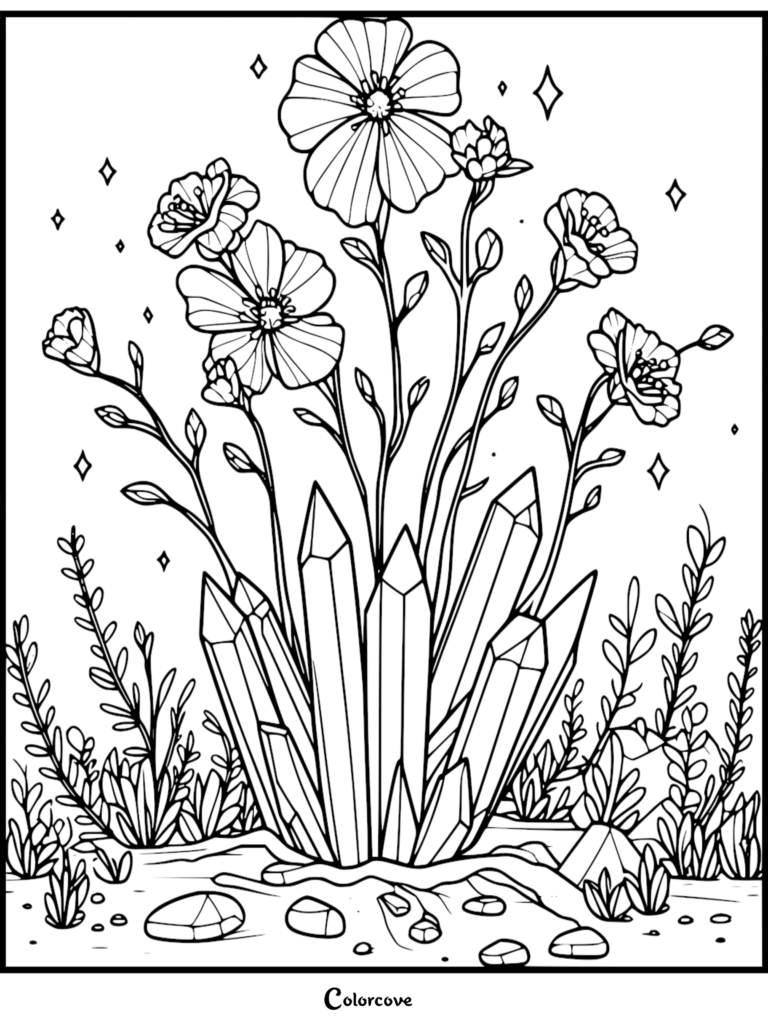 A detailed coloring page featuring a cluster of sharp, pointed crystals growing from the ground surrounded by delicate wildflowers and small sparkling diamond shapes.