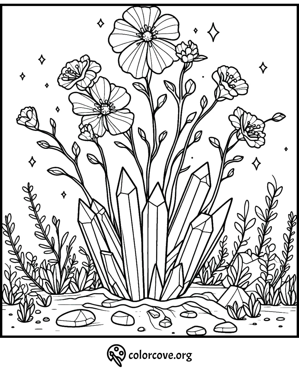 Coloring page of flowers with crystals growing in a garden setting, perfect for relaxation and creativity.