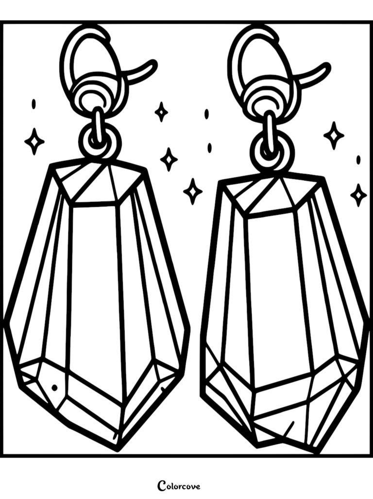 A pair of dangling crystal earrings with geometric facets and sparkling stars in this printable coloring page.
